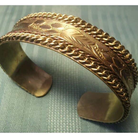 Etched Brass Cuff Bracelet Wide Boho Statement Cuff with Chain Border Vintage - Picture 1 of 11